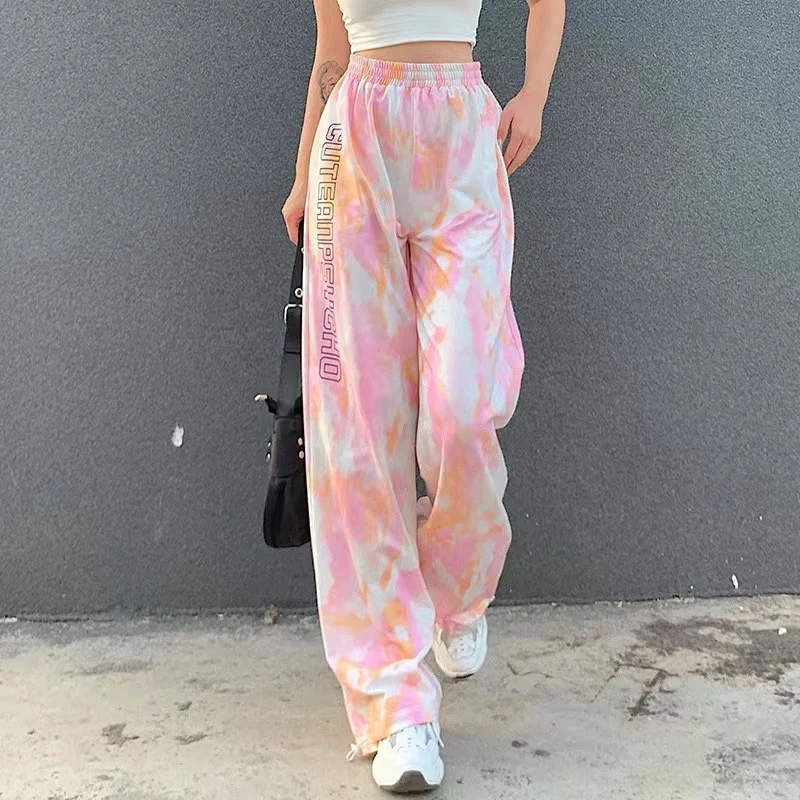 

Aboutlee 2021 New Fashion Tie-Dye Letters Printed Bouquet Foot Pants Women High Waist Loose Casual Trousers