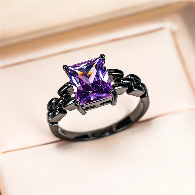 Geometric Red Purple Crystal Zircon Chain Rings For Women Vintage Fashion Black Gold Engagement Ring Female Birthstone Jewelry | Украшения