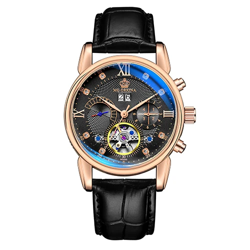 Rose black Бренд Orkina Tourbillon Мужские механические часы светящаяся Автоматическая Дата Натуральная кожа ремешок мужской платье часы механические стимпанк - Цвет: Rose black