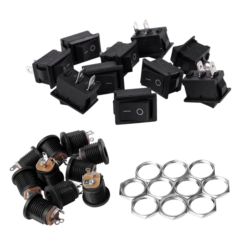

10 Pcs Ac 6A/250V 10A/125V 2 Solder Lug Rocker Switch & 10 Pcs Panel Mount 2.1X5.5Mm Power Jack Dc Socket