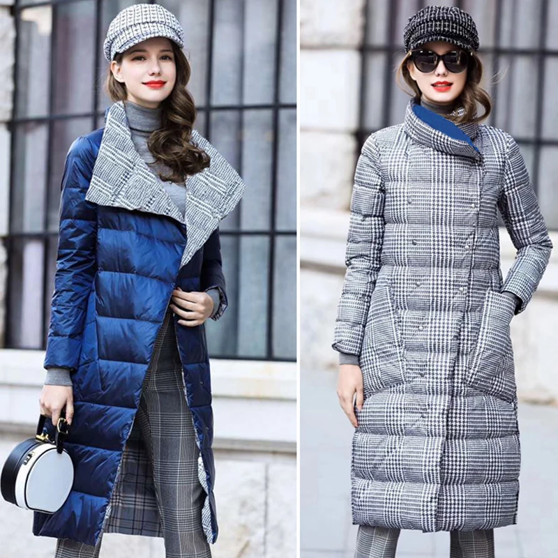 blue and plaid Double Sided Women's Down Jacket Long Winter Turtleneck White Duck Down Coat Female Double Breasted Plus size Warm Plaid Parkas - Цвет: blue and plaid