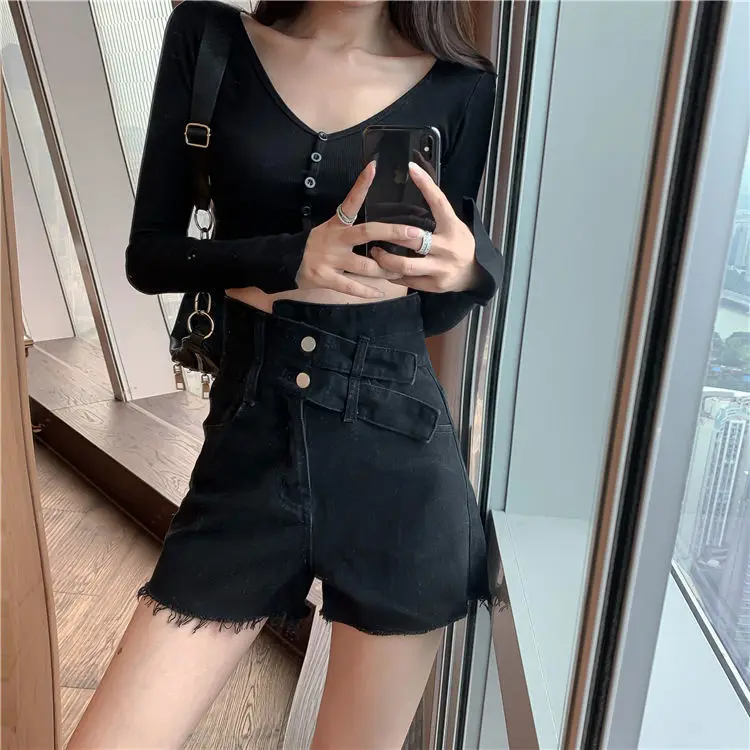 

High Waist Denim Shorts Women's 2021 Summer New Style Large Size Slimming Design Sense A-line Wide-leg Hot Pants