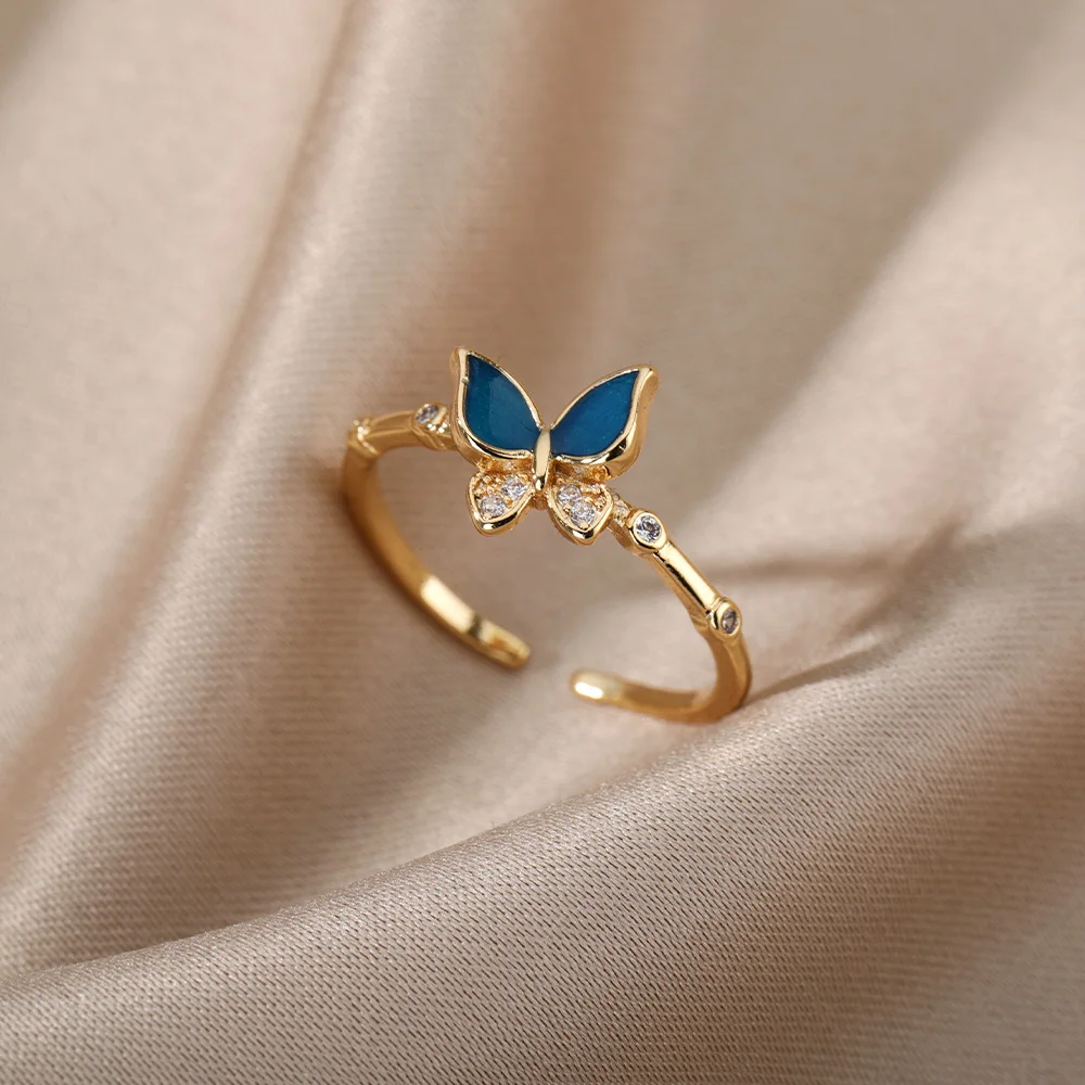 

Vintage Minimalist Silver Color Open Rings For Women Personality Feather Butterfly Adjustable Finger Ring Girl Jewelry Gift
