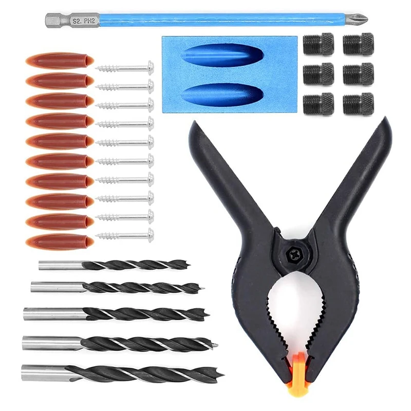 

34Pcs Pocket Hole Jig Drilling Kit Locator 15 Degree Drill Guide Set Woodworking Oblique Positioner Locator Tool