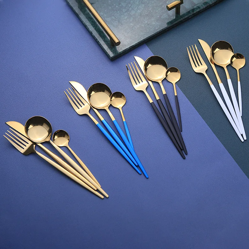 

24pcs White Gold Dinnerware Set Stainless Steel Tableware Set Knife Fork Coffee Spoon Set Golden Forks Knives Spoons Cutlery Set