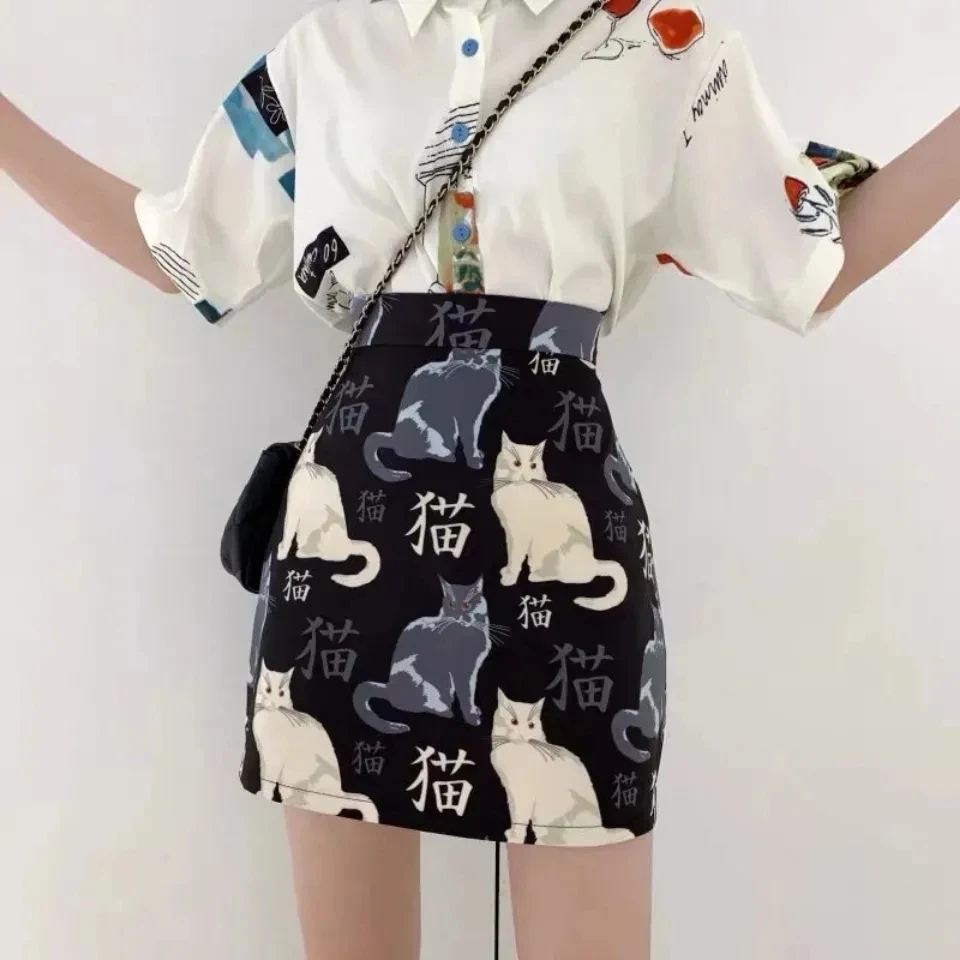 Летняя юбка в японском стиле Харадзюку с графическим принтом кошки тонкая черная