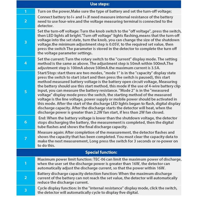 

Digital Battery Capacity Tester 16W 200W Tec-06 Maximum Electronic Load 500Ah 3.5A/20A LED Display with Battery Tester