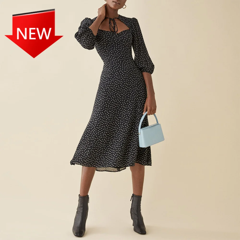 

Женское офисное платье миди в горошек, с рукавом 3/4 и вырезом сердечком, винтажное элегантное платье с галстуком, платья для женщин, весна-ос...