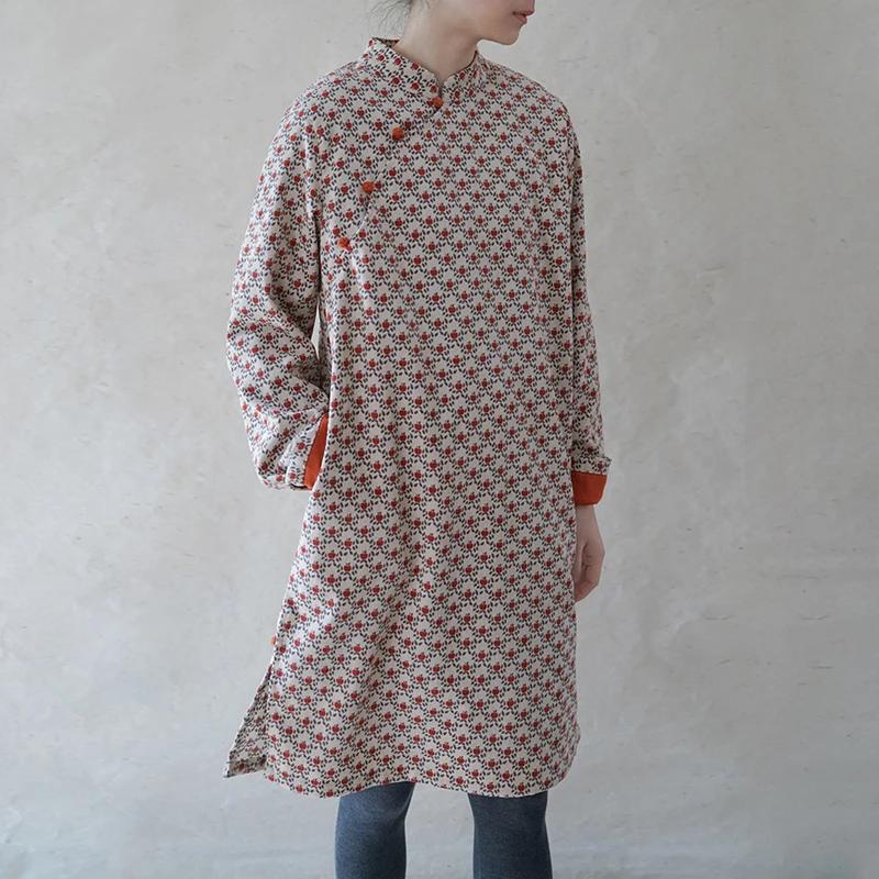 

Johnature Long Sleeve Dresses Corduroy Chinese Style Stand Cheongsam For Women Print Floral 2021 Spring New Vintage A-Line Dress