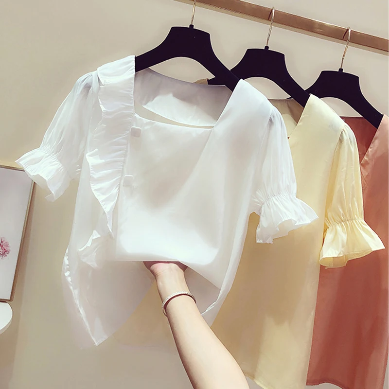 

blusas mujer de moda fashion2019 women shirts chemisier femme short sleeve Flare Sleeve solid shirts dames blouse zomer 5165 50
