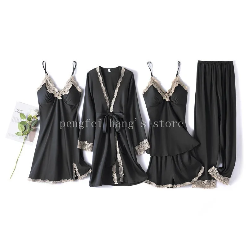 

Pajamas Suit Long Sleeve Women Sexy Lace Black Sleepwear Intimate Lingerie 5PCS Sleep Set Spring Summer New Home Clothing