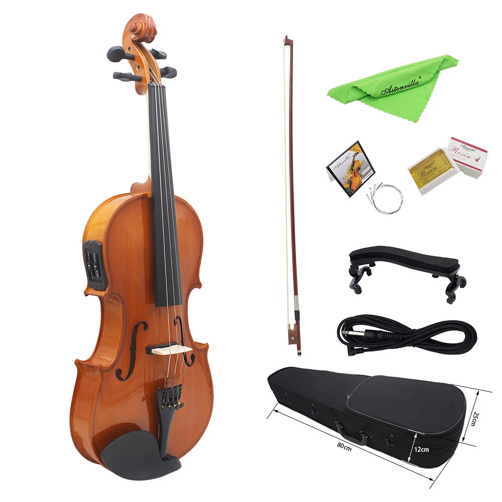 

4/4 Full Size Natural Acoustic EQ Violin Fiddle Solid Wood Spruce Face Board with Shoulder Rest Bow Rosin String Carry Case