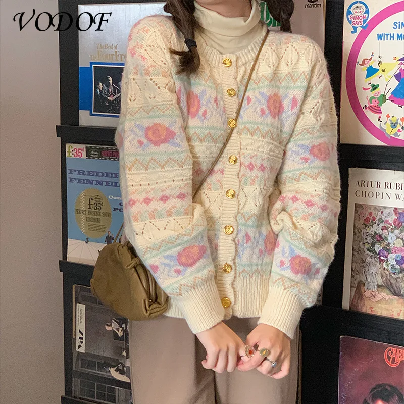 

Трикотажный женский кардиган оверсайз VODOF 2021 с V-образным вырезом, Зимний однобортный женский свитер с узором ромбиками, пальто, Осенний Сво...