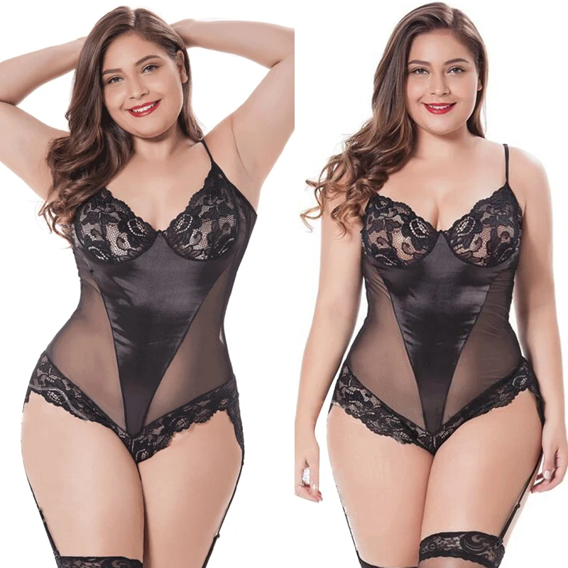 Women's European And American Large Size Sexy Lingerie Lace One-Piece Nightdress Black