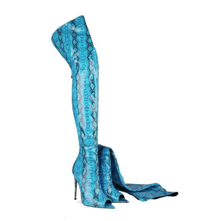

Olomm Women Shiny Thigh High Boots Snake Pattern Thin High Heels Peep Toe Gorgeous 6 Colors Night Club Shoes Women US Size 4-13