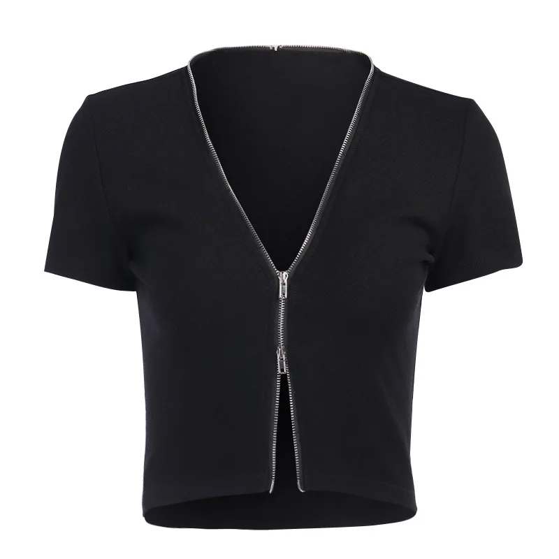 

Women Goth T-shirt Spring Summer Clothes Ribbed Knitted Short Sleeve Crop Tops Zipper Fashion Sexy Female Skinny Black Tops Club