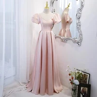 2022 pink pearls evening dresses puff sleeve v neck a line satin formal birthday pageant party princess prom celebrity dresses