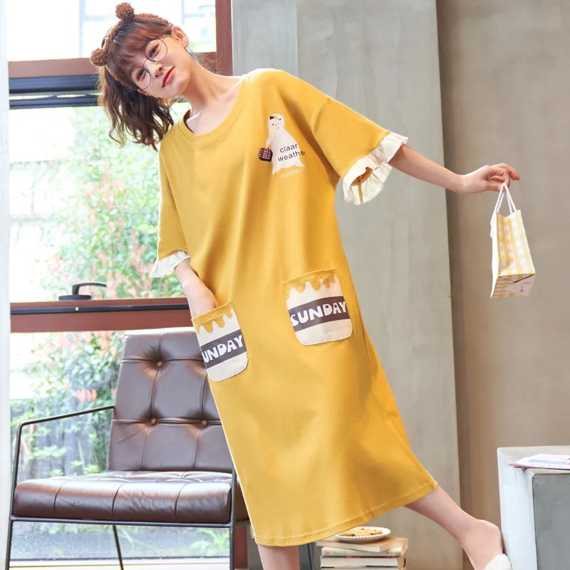 

Summer Women Nightwear Dress Short Sleeve Casual Loose Nightdress Cartoon O Neck Night Gowns Cotton Ladies Sleepdress