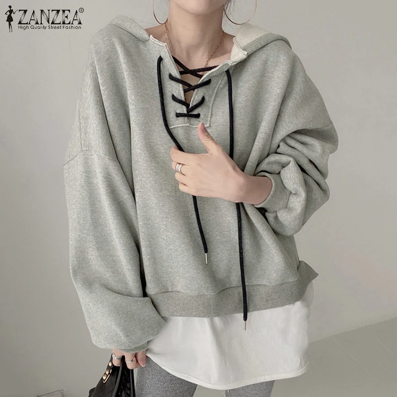 

ZANZEA Women Harajuku Hoodies Fake 2PCS Sweatshirts 2022 Spring Bandage Long Sleeve Pullovers Casual Solid Oversized Streetwears
