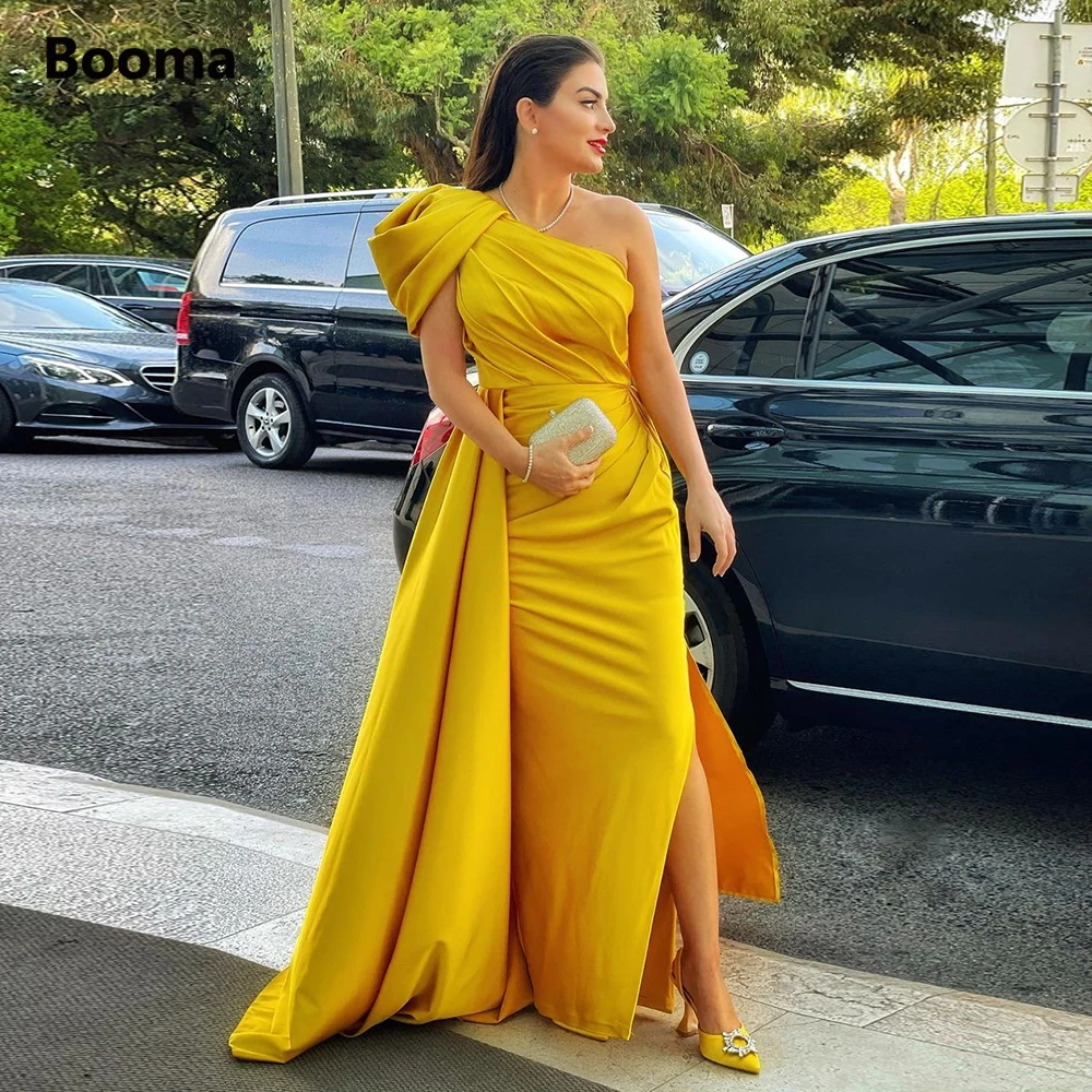 

Booma Yellow Satin Arabic Evening Dresses One Shoulder Draped Overskirts Celebrity Dresses Side Slit Long Formal Evening Gowns