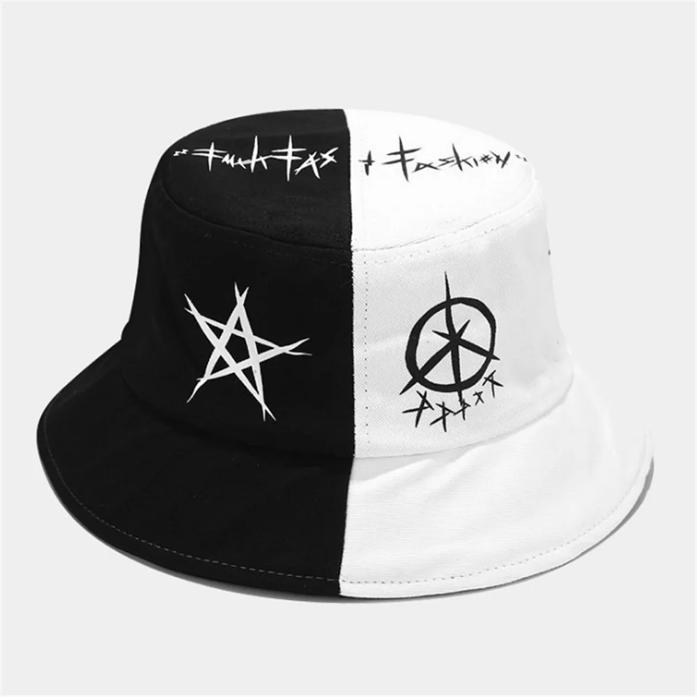

Autumn Five-pointed Star Hat Men and Women Graffiti Black and White Stitching Sunshade Fisherman Hat Basin Hat Men