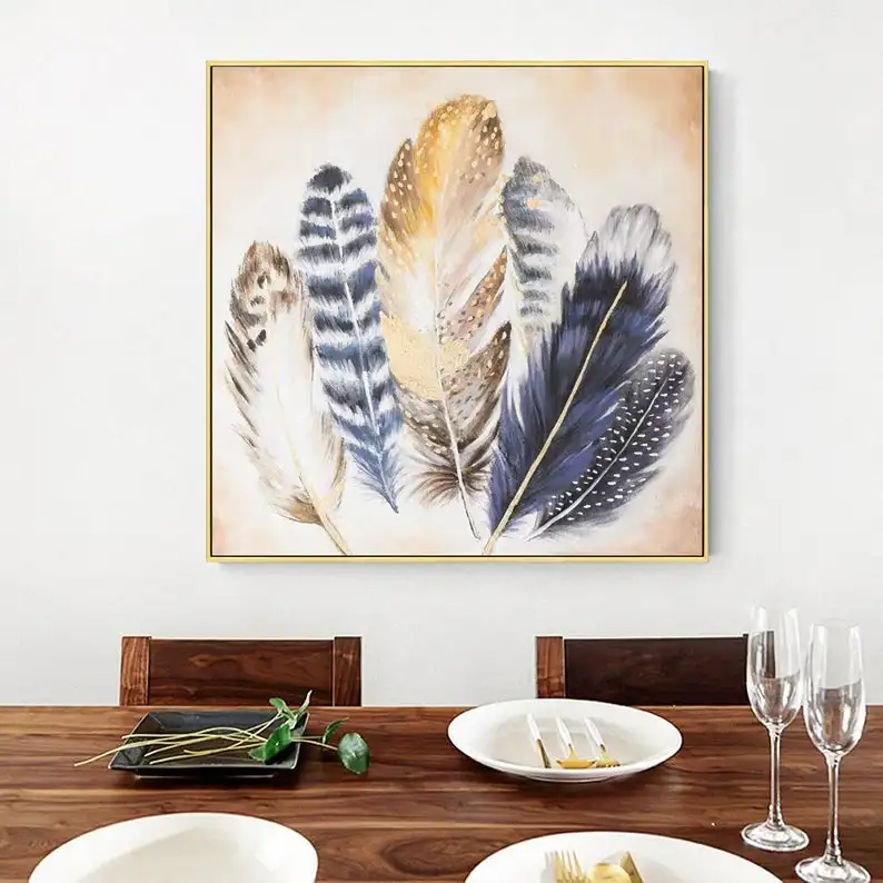 

Настенное художественное полотно с перьями для гостиной, спальни, современное художественное оформление с синими животными, украшение для дома и офиса