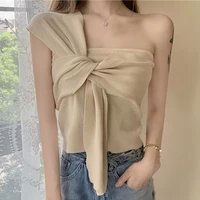 knitted camisole womens summer casual sexy oblique shoulder solid basic tank tops folds sleeveless slim short cropped feminino