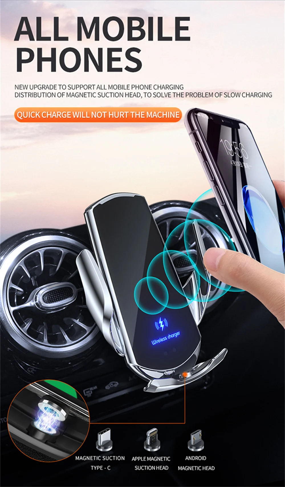 

Car Wireless Charging Phone Holder Mobile Stand Steady Fixed Bracket Charger Support Huawei Samsun Iphone XiaoMi