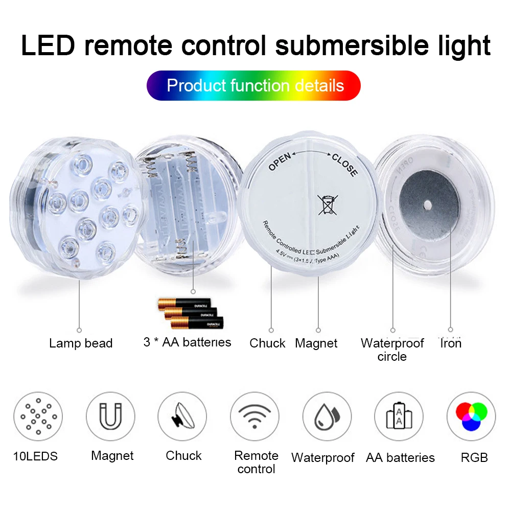 

LED Submersible Light 7cm 10 LED with Infrared Remote Control Waterproof Underwater Light for Swimming Pool Aquarium
