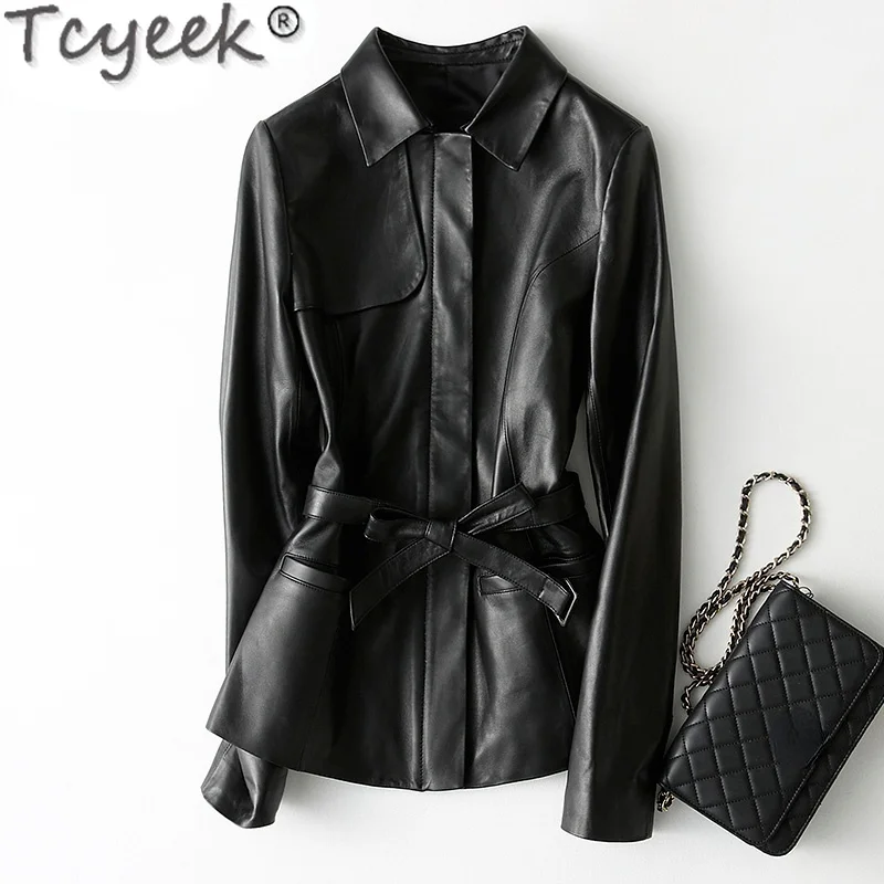 

Короткая женская куртка Tcyeek из 100% натуральной кожи, весна-осень 2021, меховой тренчкот, Женское пальто из овчины, Женское пальто Gxy717