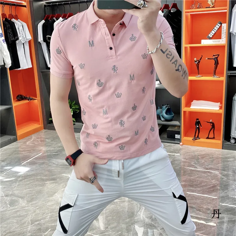 

Luxury Crown Rhinestones Cotton Polo Summer Brand Men Polo Shirt Black Gold Diamond Short Sleeve Polo Homme Polos Para Hombre