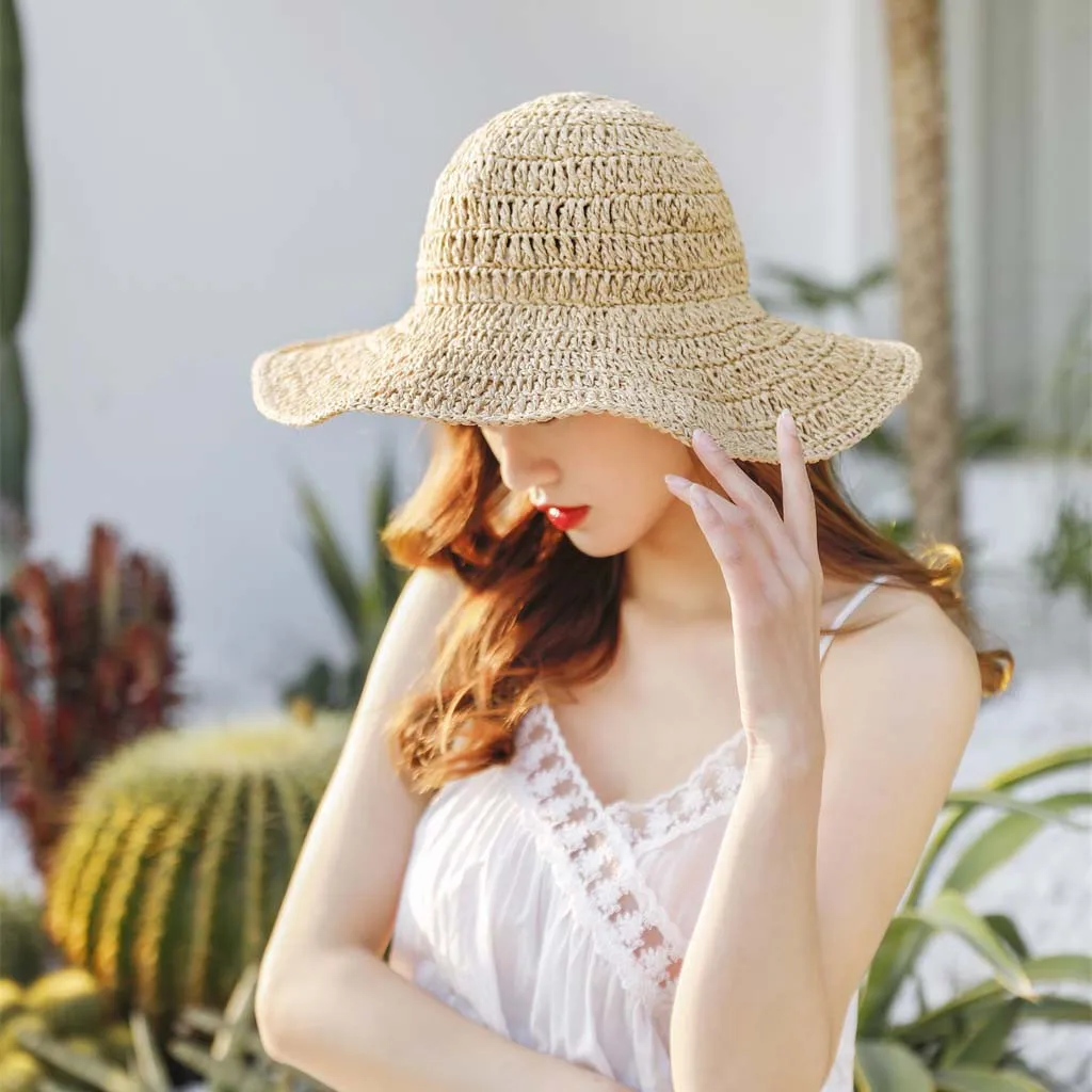 Шляпа женская Соломенная с широким верхом Пляжная Панама от солнца складная