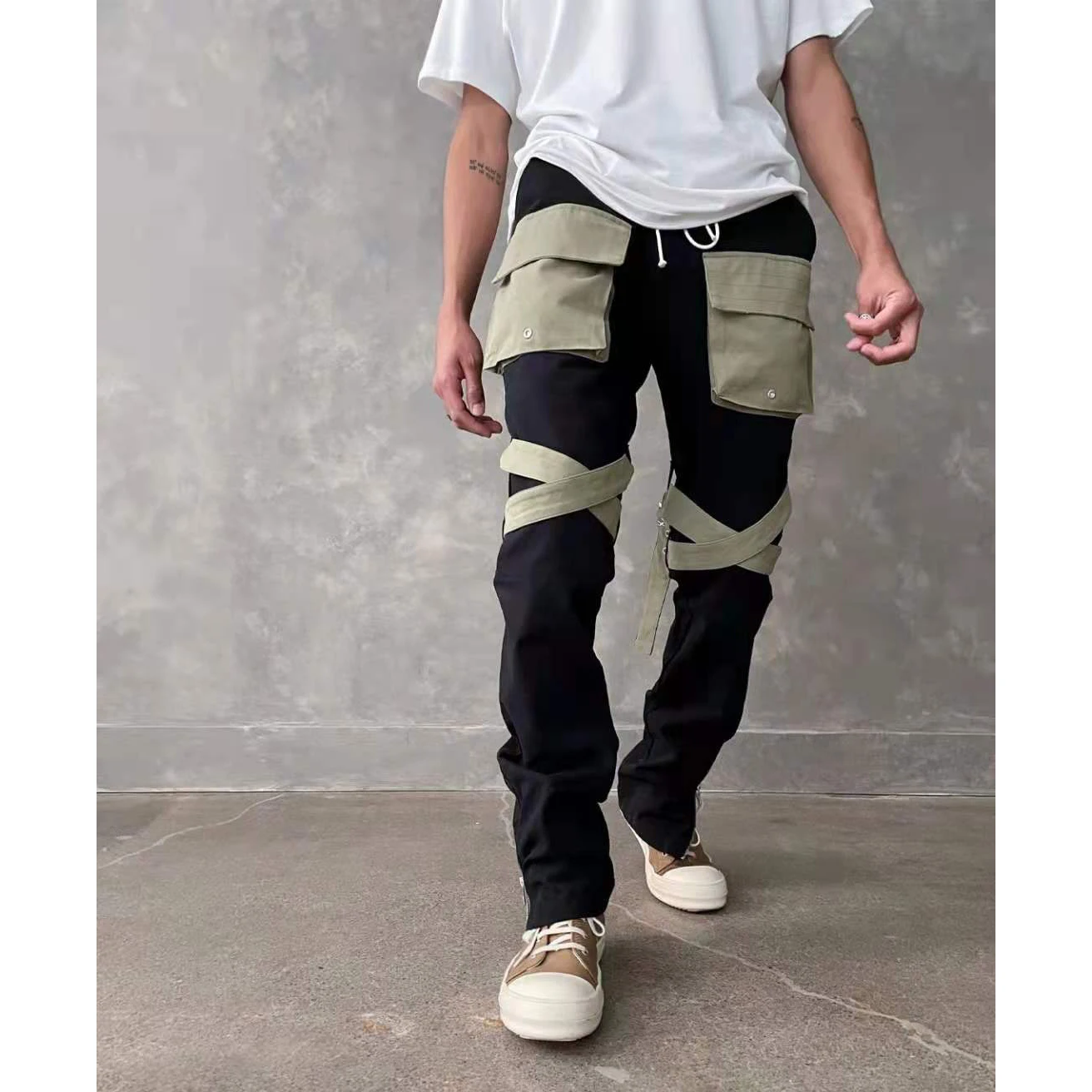 Мужские комбинезоны с большими карманами черные хлопковые брюки комбинезон