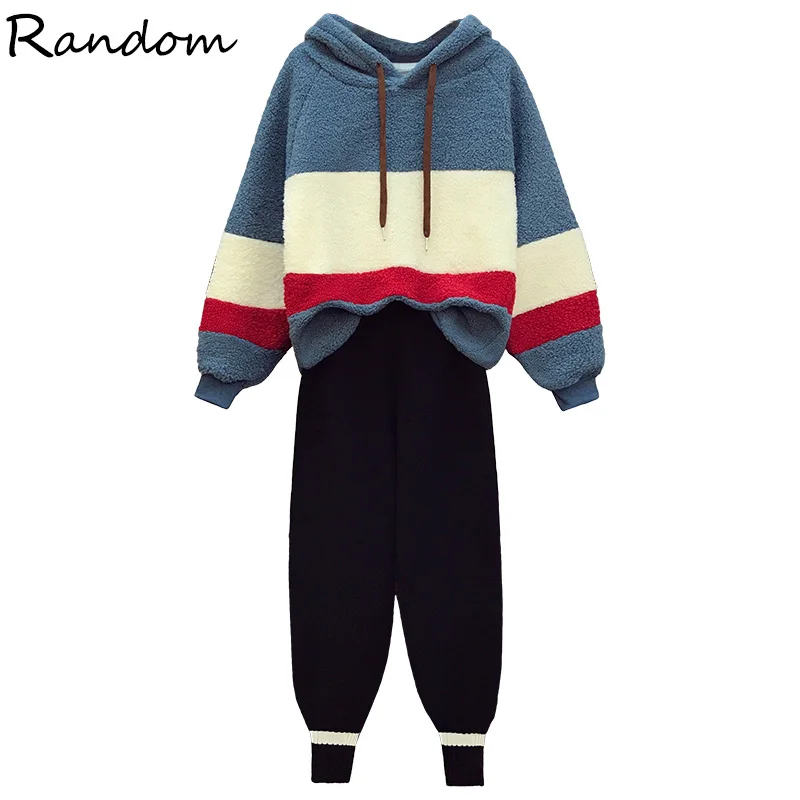 

2020 Winter Warm Sweatersuit Women Stripe Hooded Sweatershirt Top And Knitted Wide Leg Pants Two Piece Set Thicken Outfits Plus