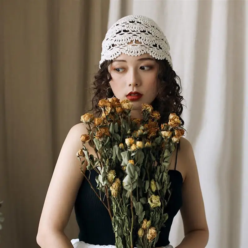 

Handmade Crocheted Lace Hat Vintage Turban Casual Cap Elegant Beanie for Women Girls