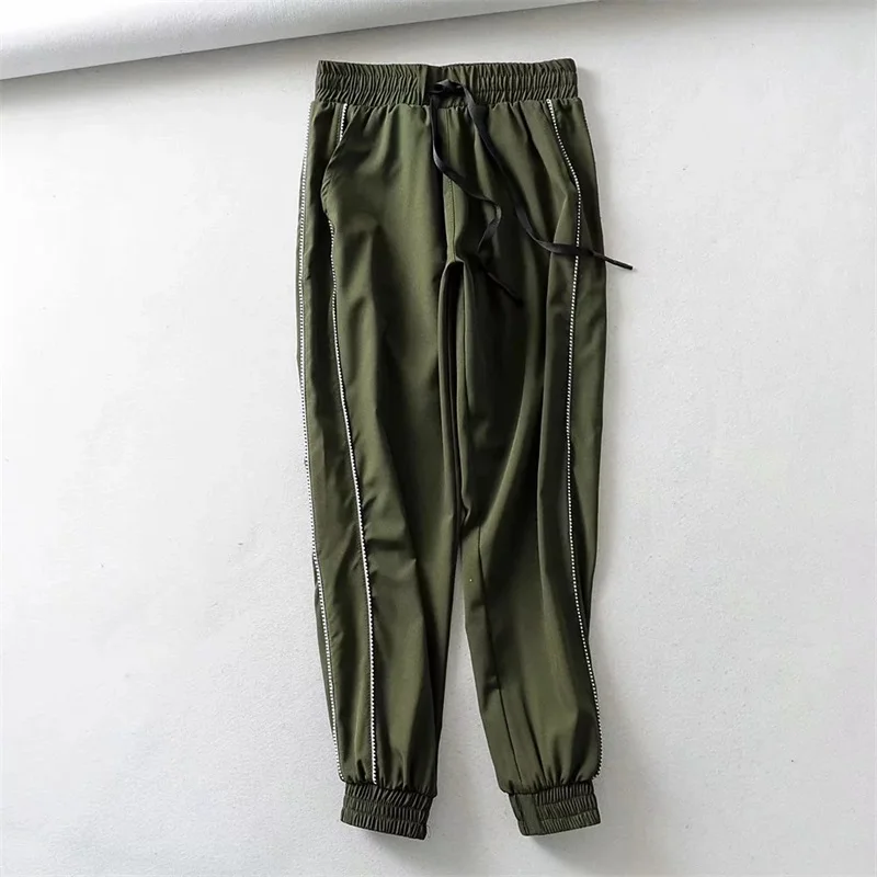 Женские эластичные штаны в полоску с завязками на талии