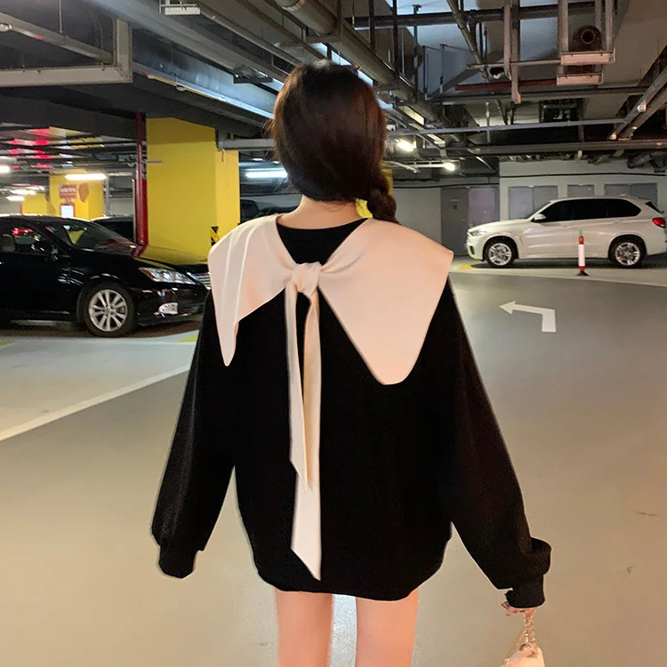 Черная Толстовка женская одежда на весну и осень тонкий свободный топ в