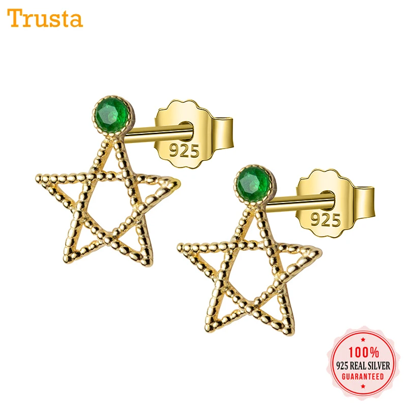 Trusta подлинные 925 пробы серебряные Модные полые звезды зеленый камень CZ серьги