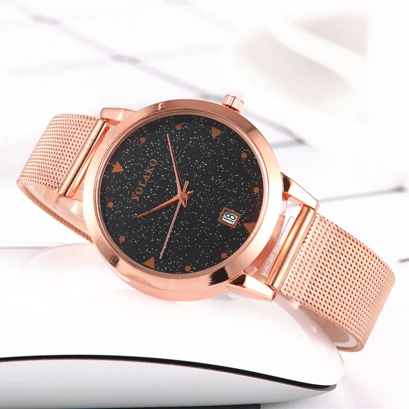 Женские часы с браслетом Звездный стикер для ногтей Золотая сетка из нержавеющей