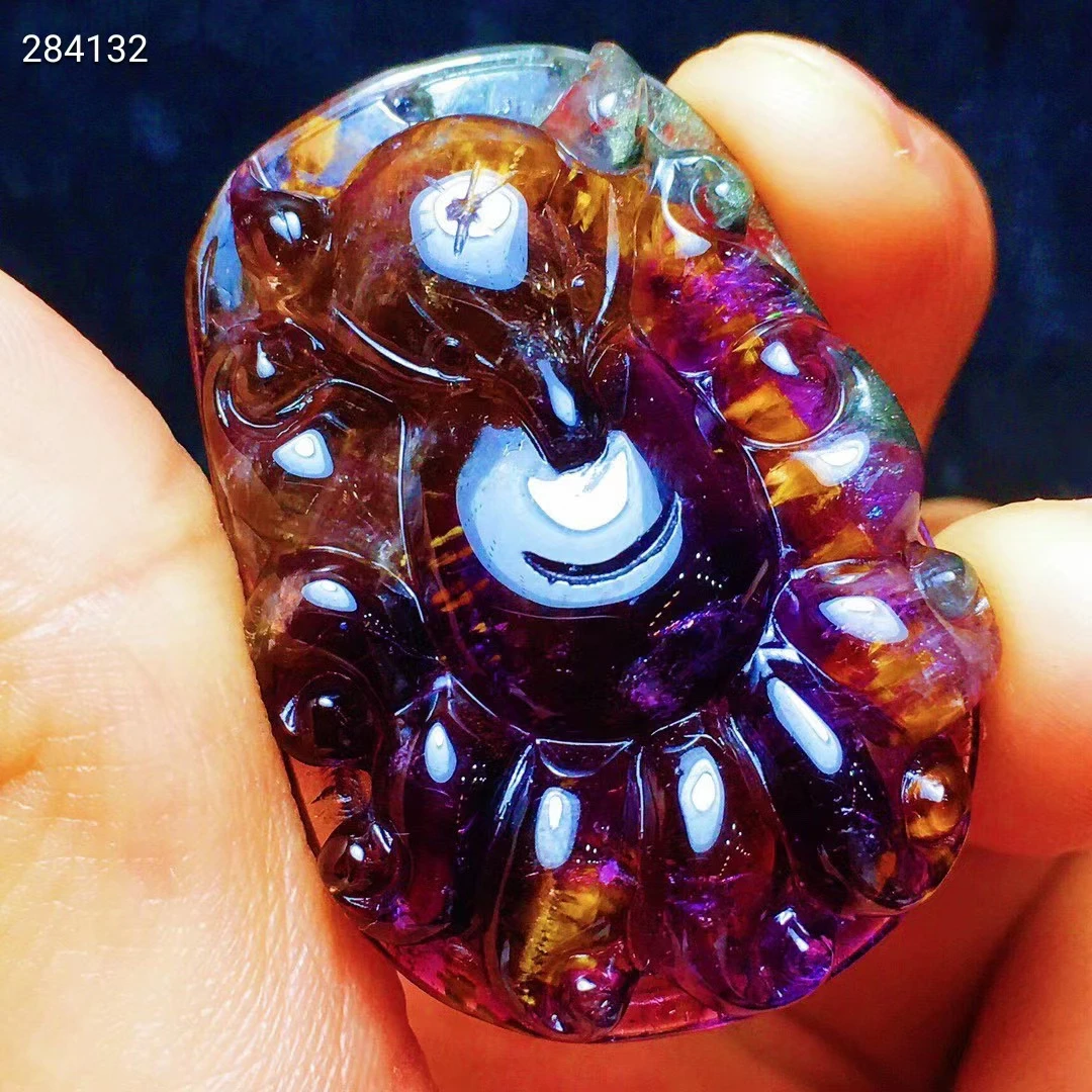 

Natural Auralite 23 Cacoxenite Purple Red Rutilated Quartz Pendant Fox Carved 37x25.5x8.5mm Women Necklace AAAAA