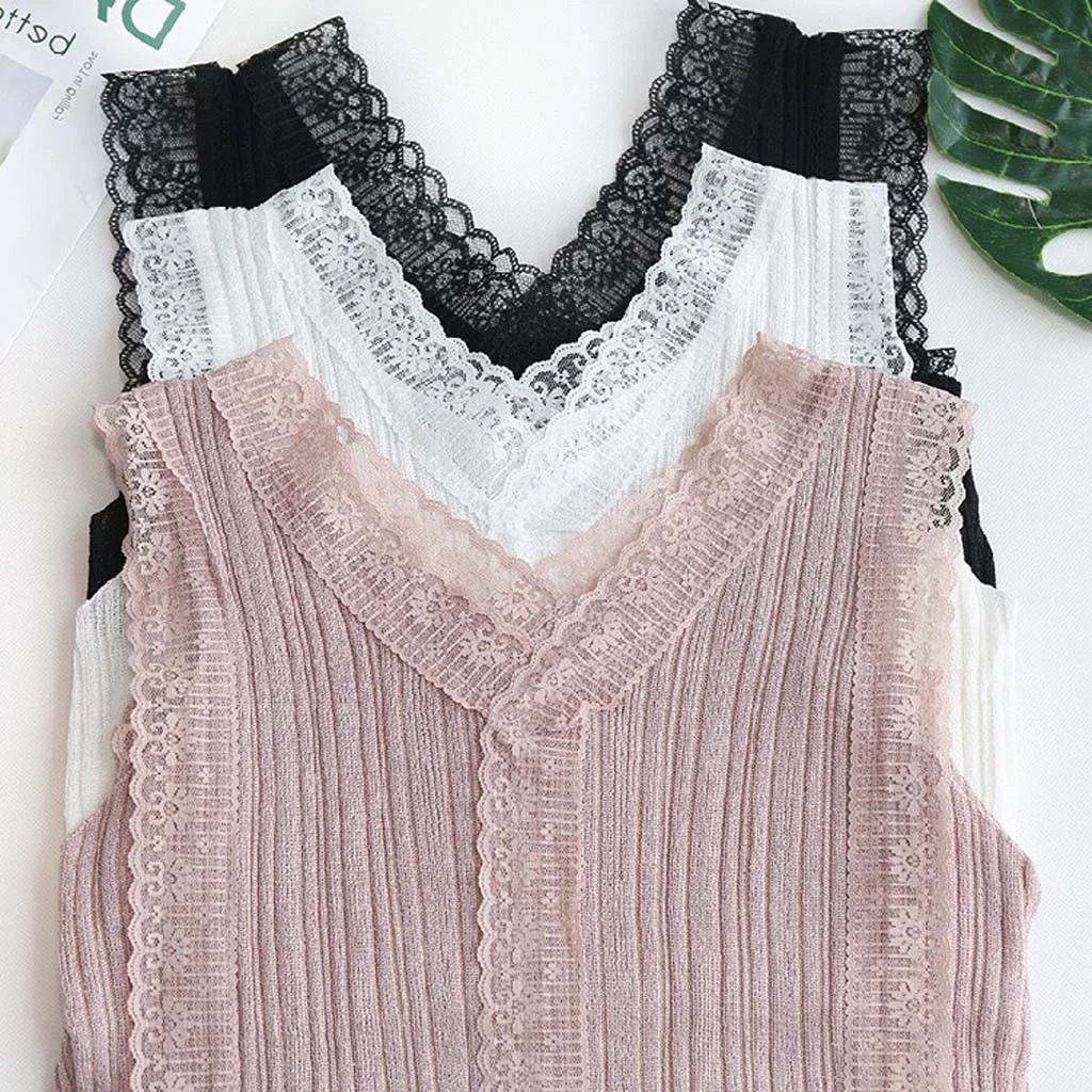 

Fashion Korean Blouse Sexy Women Sleeveless Casual Vest O-neck Ladies Solid Color Lace Tank Short Tops Summer 2021