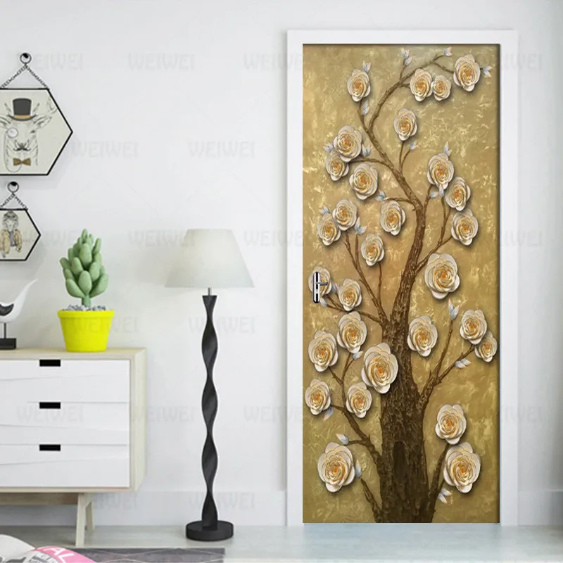 

PVC Self-adhesive Removable Door Sticker 3D Embossed Golden Rich Tree Wallpaper Living Room Door Decor Decals DIY Wall Sticker