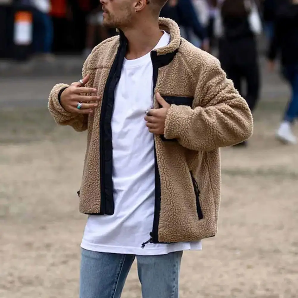 

Men Winter Thick Jacket Streetwear Coat Outwear Casual Coat Long Sleeve Stand Collar Faux Fleece Zipper Pocket Warm Coat Jacket