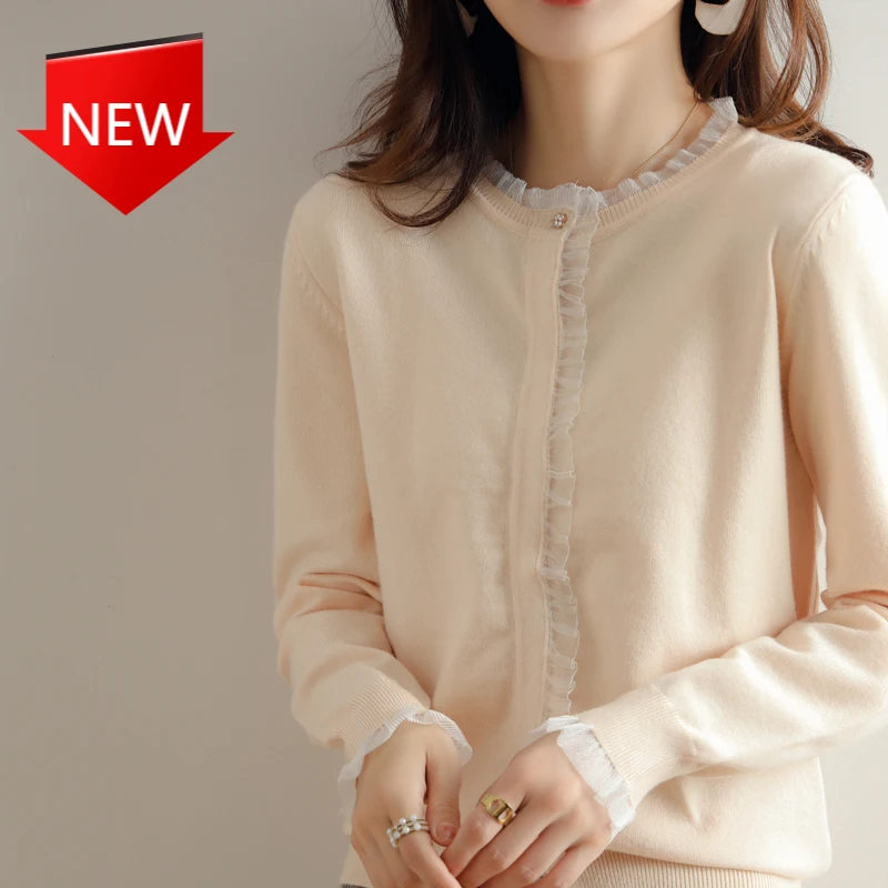

Cardigan Women Coat Autumn O-Neck Collar Warm Jacket Long Sleeve Soft Sweater Female Outwear 2021 New 100% Cashmere And Wool