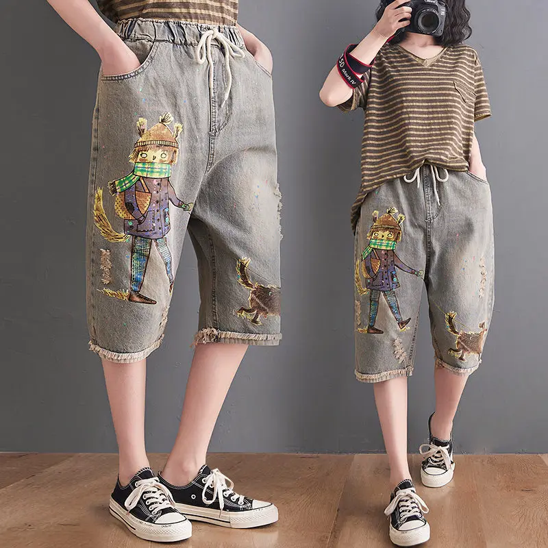 

Vintage Casual Loose Wide Leg Pants Summer Cropped Trousers Shorts Cartoon Printed Denim Hot Pants Capris Jeans zh826