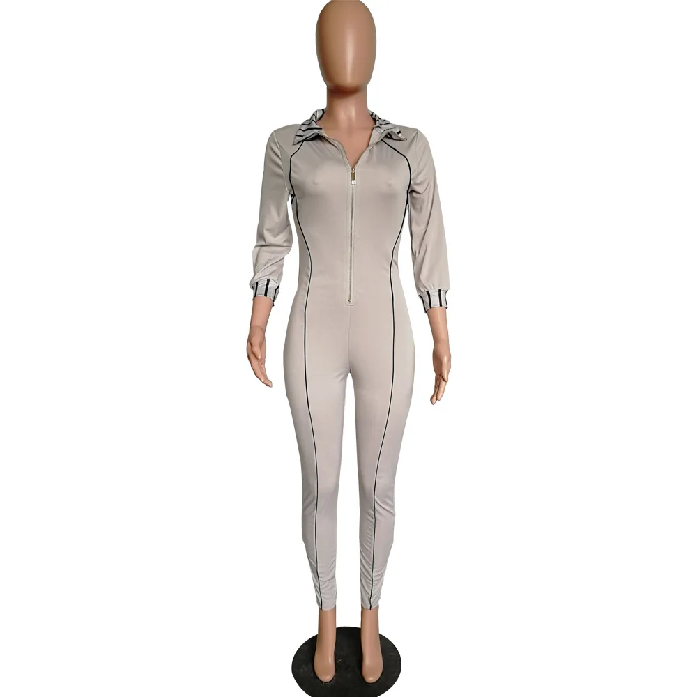 

VS&LLWQ Autumn Long Sleeve Streetwear Sexy Jumpsuit Women Turndown Collar High Waist Zipper Office Lady Bodycon Fitness Jumpsuit