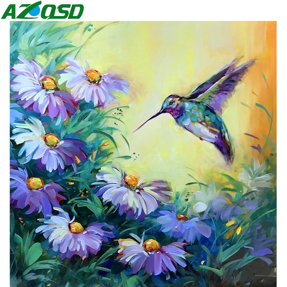 

Алмазная вышивка AZQSD, картина из квадратных страз, с птицами, маргаритками, цветами, вышивка крестиком, Ремесленная поделка, мозаика с животными, домашний декор, подарок