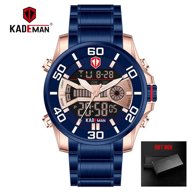 blue KADEMAN спортивные цифровые часы с двойным дисплеем Мужские кварцевые часы Лидирующий бренд водонепроницаемые армейские военные полностью Стальные наручные часы Relogio - Цвет: blue