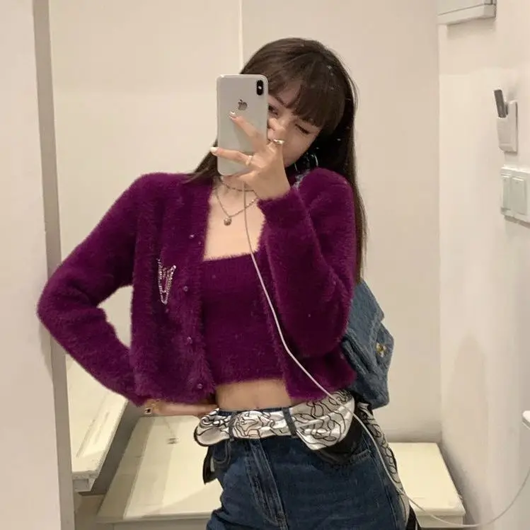 

Sweet Korean Sets Autumn Cardigan V Neck Long Sleeve Pink Mohair Sweater Coat Sexy Bottom Camisole Tops