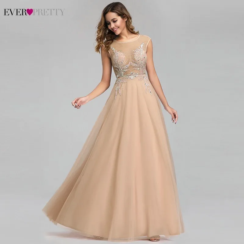 Luxury Evening Dresses Long Ever Pretty A-Line Double O-Neck Beaded See-Through Sexy Formal Evening Gowns Abendkleider - Color: Beige